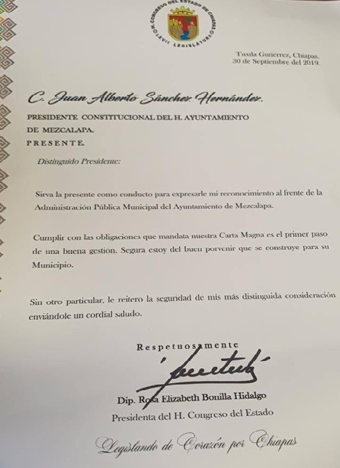 RECONOCIMIENTO AL FRENTE DEL AYUNTAMIENTO DE MEZCALAPA": PRESIDENTA DEL CONGRESO DE CHIAPAS.